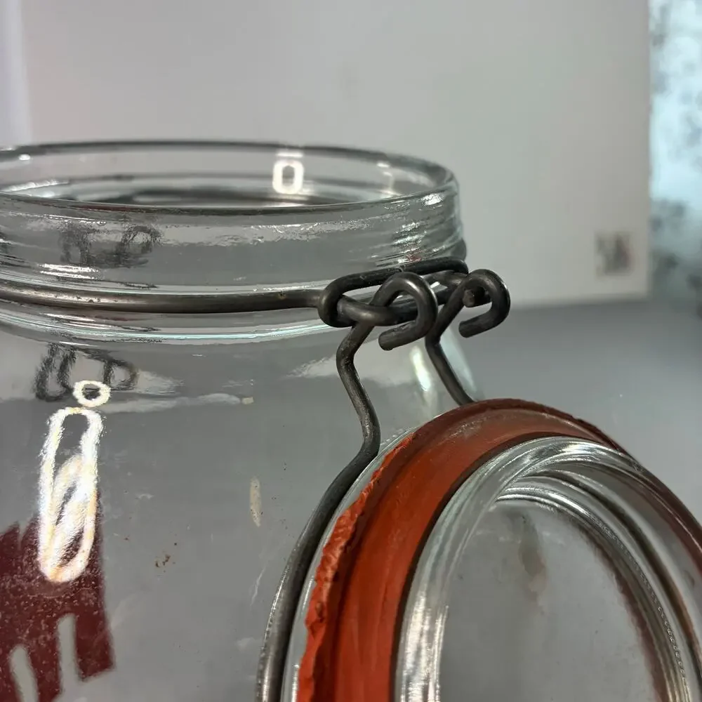 Vintage 3L Glass Storage Jar Clamp Lid Red Retro Graphic Kitchen Canister 11 In